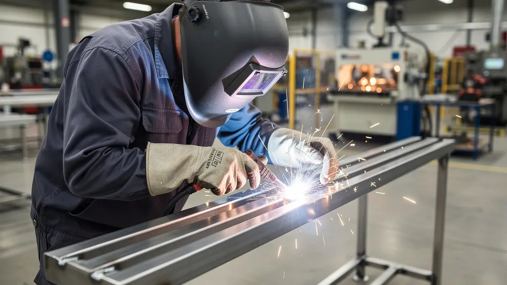 Artisan soudeur travaillant sur structure de banc dans atelier fabrication française mobilier urbain