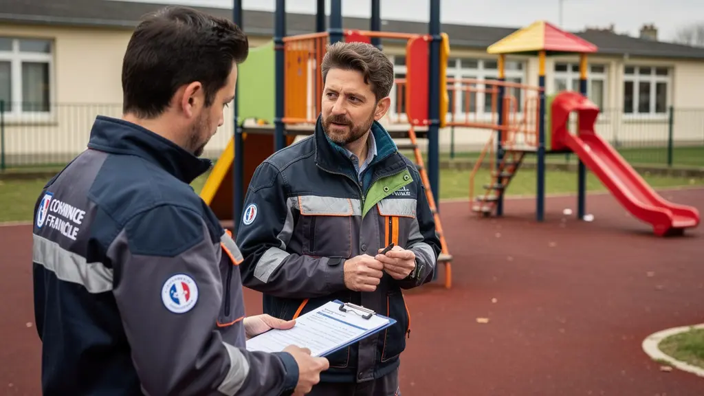 Agents municipaux inspectant une aire de jeux colorée pour contrôle normes sécurité