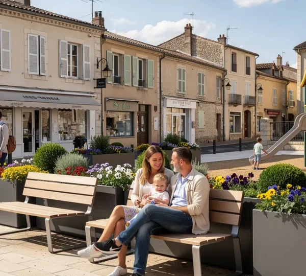 Place de village française rénovée avec mobilier urbain et aire de jeux colorée